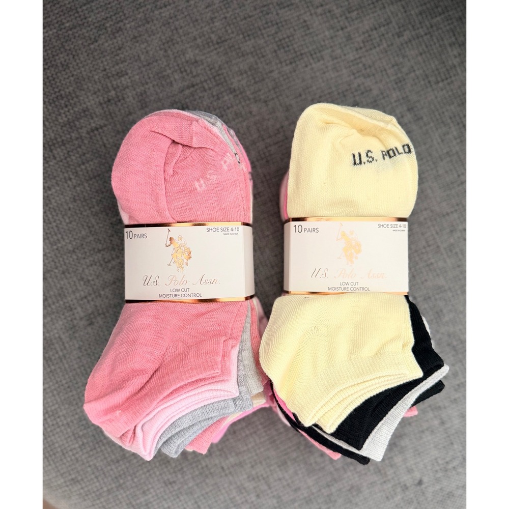 US Polo Assn Low Cut Socks 20 Pair Bundle Pink Grey Yellow Black Size 4-10 NEW